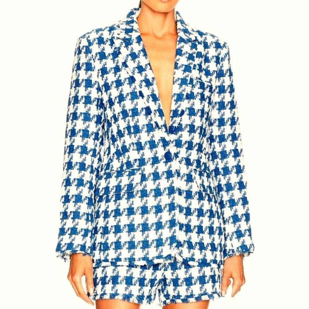 STEVE MADDEN NWT Women Small Blue White Houndstooth Tweed Blazer Shorts Suit Set